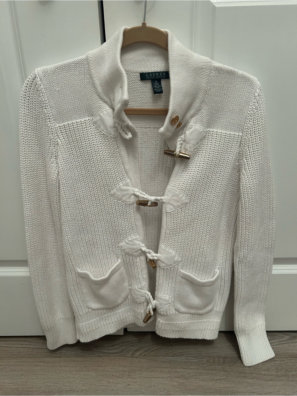 Lauren Ralph Lauren White Gold Toggle Knit Cardigan 💯 Cotton Medium Open Front